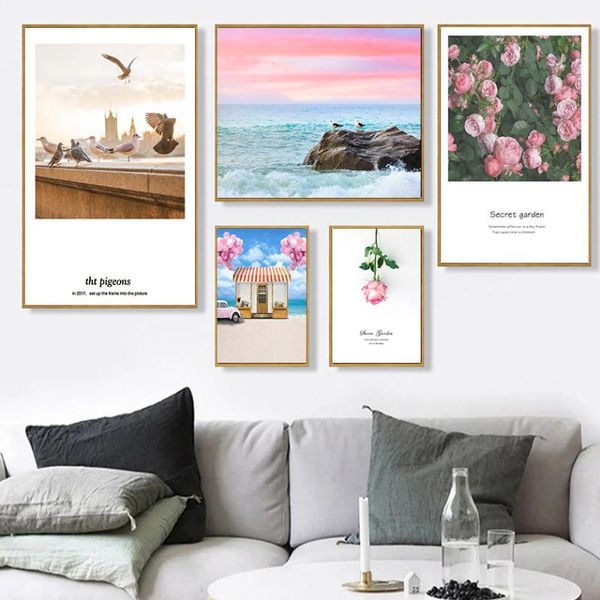

natural landscape canvas painting minimalist ocean seagull mural rose flower poster nordic vacation printing picture home decora