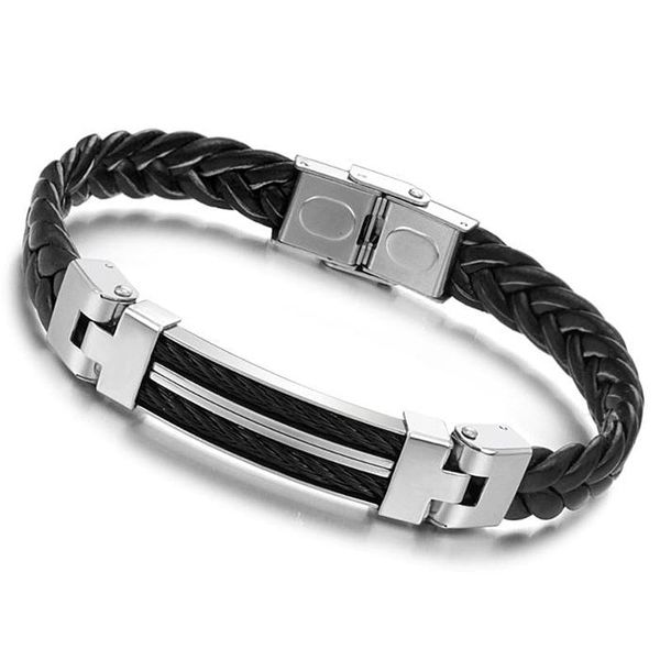 

charm bracelets jialy european fashion punk retro black rope leather bracelet stainless steel wristbands for men jewelry, Golden;silver