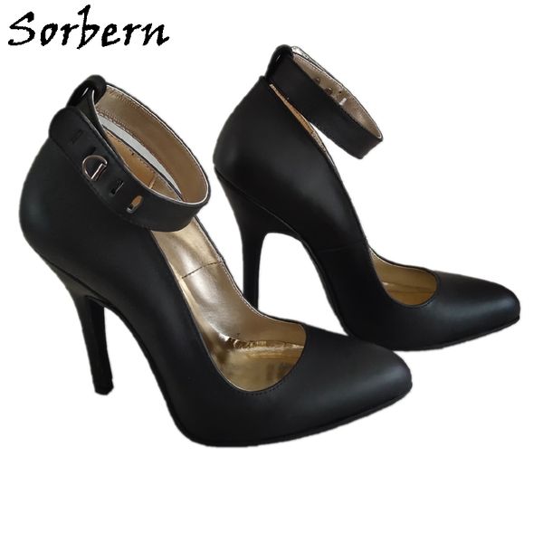 

sorbern lockable ankle strap pump women shoe cute pointy toes stilettos real leather stilettos heeled ladyboy crossdresser, Black