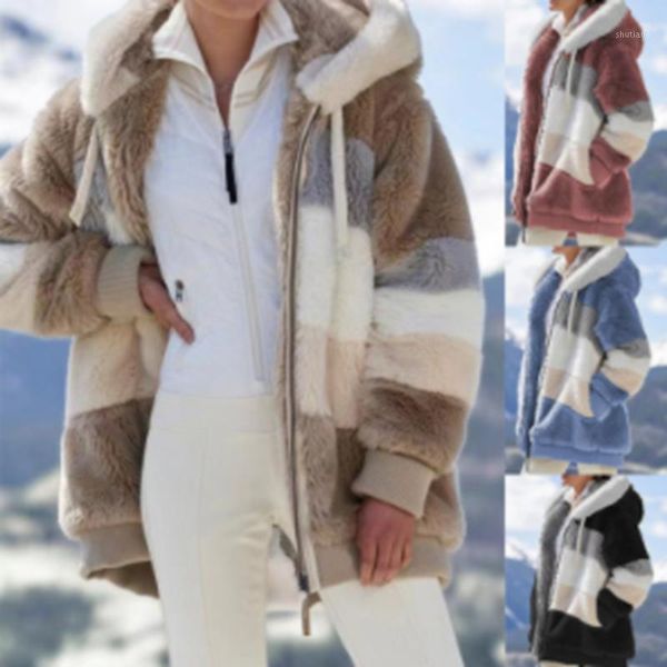 

women's wool & blends 2021 fall/winter ladies warm plush patchwork contrast-color zipper pocket hooded loose coat tethered casual cardi, Black