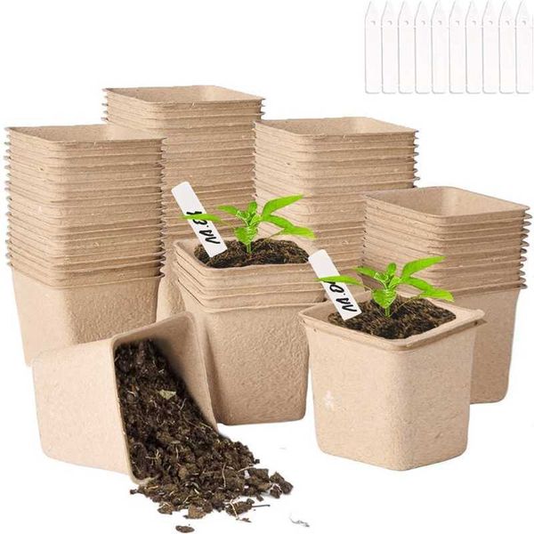 100 pcs Polpa Peak Pots com 50 pcs Plant Etiquetas Kit de marcadores para a bandeja de mudas de jardim M31 21 Drop 210615