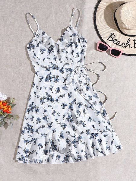 

allover floral print ruffle detail wrap belted slip dress u2gb#, Black;gray