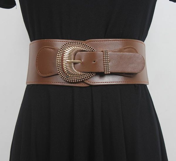 

belts women wide belt female stretch autumn winter 2021 designer fashion soft pu leather metal gold buckle dress coat waistband, Black;brown