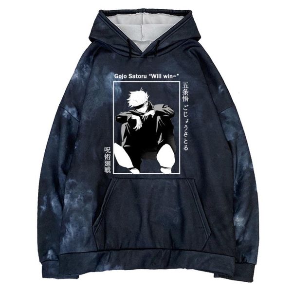 

men's hoodies & sweatshirts tie dye hoodie funly anime gojo satoru print pullovers jujutsu kaisen 90s casual hoody streetwear, Black