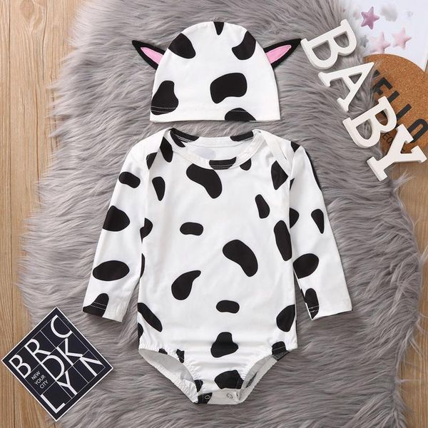 

rompers baby cow printed romper autumn long sleeve and hat set cute boys girls clothes suit, Blue