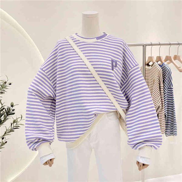 

women's hoodies & sweatshirts autumn woman loose stripe casual sweatshirt long sleeve crew neck embroideried pullover coats large size, Black