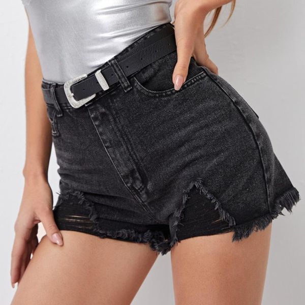 

women's jeans 2021 ladies shorts retro denim washed water hole fringed pocket high waist black, Blue