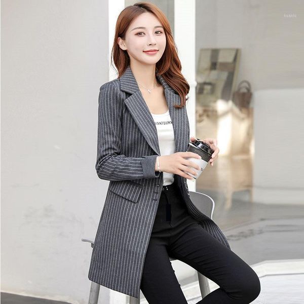 

women's suits & blazers fashion striped suit jacket female 2021 autumn korean casual self-cultivation long blazer femme coat ladies spr, White;black