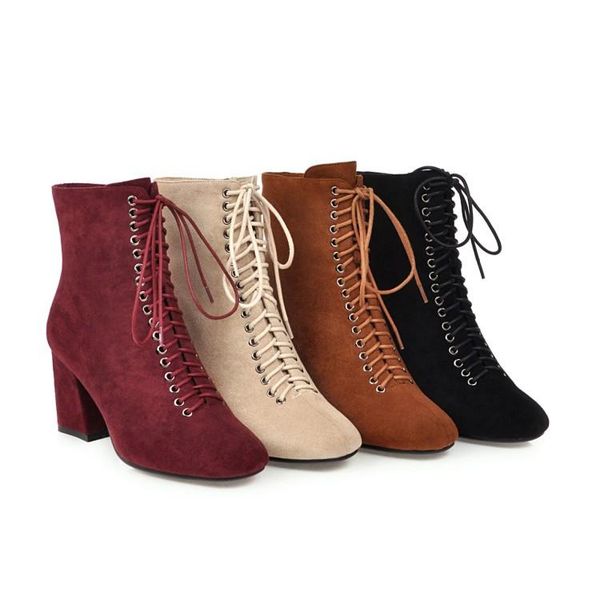 

boots apricot plush winter wine red cross tie zipper round head with all kinds of temperament thick high heels wome, Black