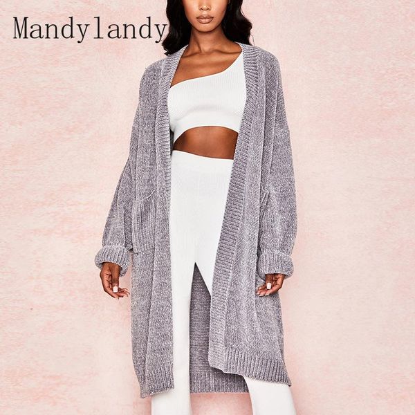 

mandylandy women autumn winter loose knitted cardigan sweater lady elegant fleece pocket long knitwear outwear, White