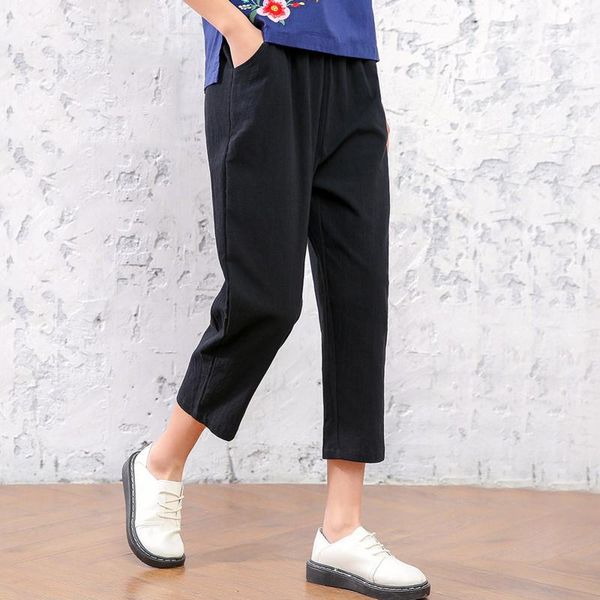 

women's pants & capris jaycosin 2021 summer women vintage solid female fashion loose cotton linen casual large size trousers, Black;white