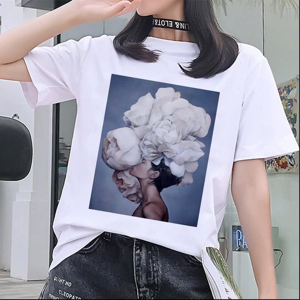 

women new 2021 harajuku white tshirt vintage flowers feather print t shirt gothic round neck short sleeve casual t shirt