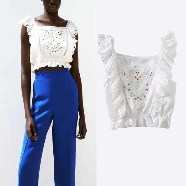 

za floral embroidered white blouse women sleeveless lace applique ruffle fashion openwork embroidery summer shirt 210602