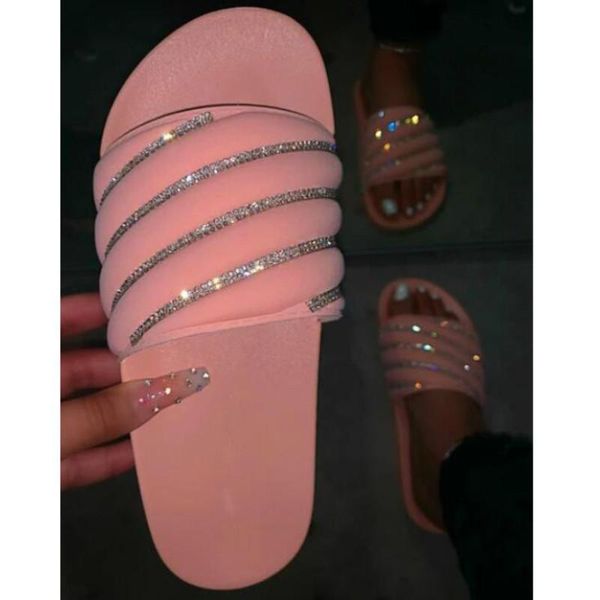 

slippers fashion women slides bling rhinestone slip-on shallow flat bottom ladies casual outdoor pink, Black