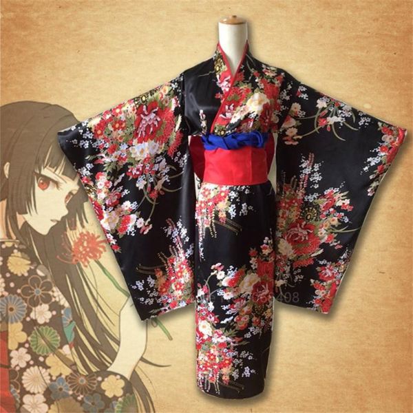 

ethnic clothing japanese traditional kimono dress anime hell girl cosplay costume obi haori vintage floral robe stage fancy wear halloween d, Red