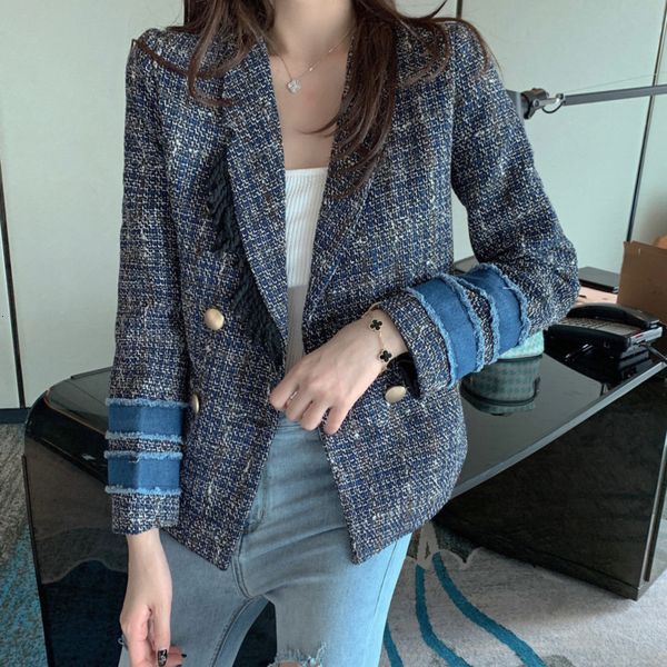 

2021 new autumn winter vintage women woolen jacket coat tweed tassel patchwork double-breasted female weave outerwear ropa mujer 6dcw, Black;brown