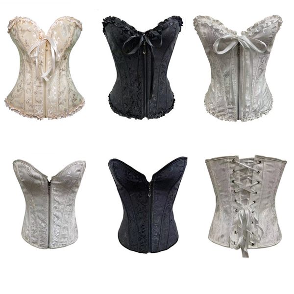 Zipper Volant Jacquard Broccato Corsetto Nuovo Commercio All'ingrosso Plus size Lace up Donne Nastro Ricamo Floreale Overbust Danza Sexy Danza Nuziale Corse Bustini XS-4XL Nero Bianco