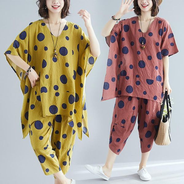 

women's tracksuits #0829 cotton linen two piece sets oversize loose polka dot printed asymmetrical and pants vintage casual summer out, Gray