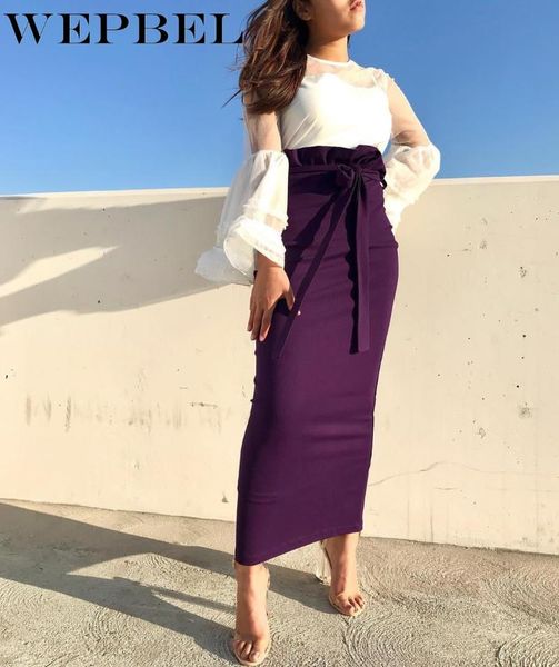 

wepbel women's casual solid color ruffles skirt spring and autumn fashion lace up high waist slim pencil skirt, Black