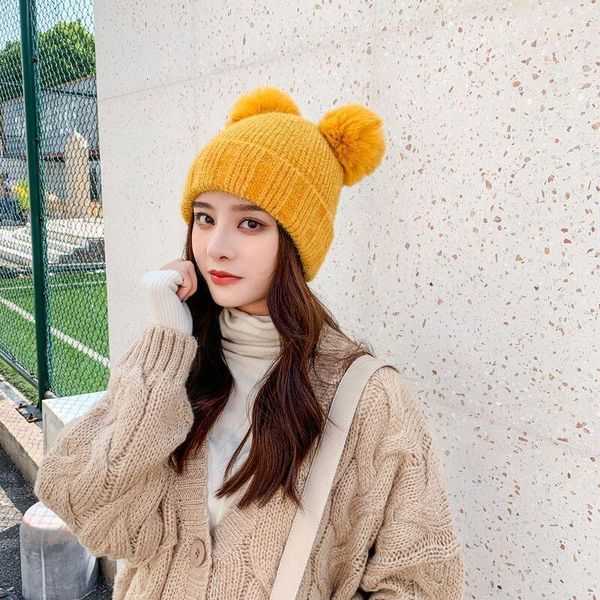 

winter fur pompom hat for women girl 's sweet cute wool hat knitted skullies beanies cap thick warm female ski cap, Blue;gray