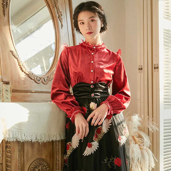 

women's blouses & shirts vintage style lace patchwork stand collar veet shirt women spring autumn long sleeve button down lad, White