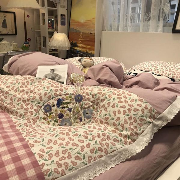 

bedding sets pastiral flower plaid set single double,comfortable cotton full  home textile bed sheet pillow case quilt cover