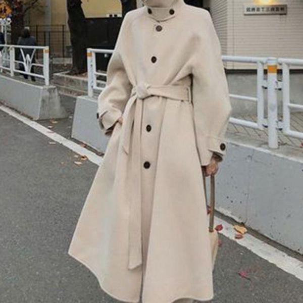 

women's wool & blends overcoat mid-length 2021 winter korean fashion hepburn style student cotton thick woolen coat warm manteau femme, Black