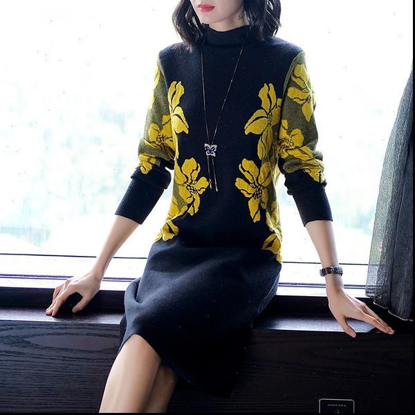 

floral women winter turtleneck sweater dress female elegant knitting dress knee length vintage dress female, Black;gray