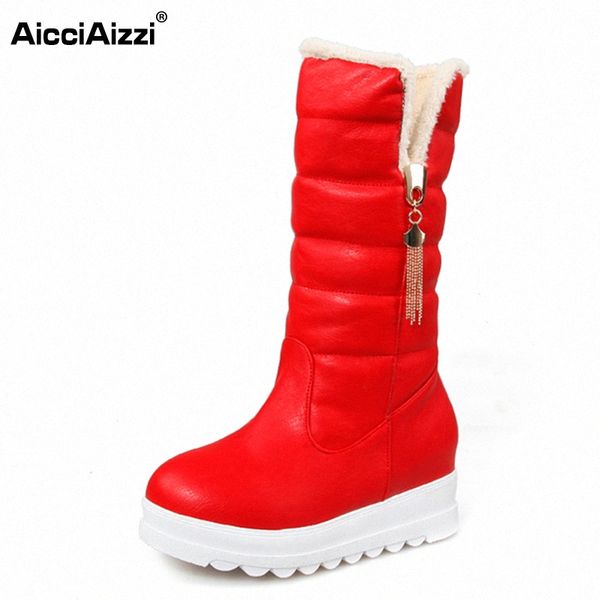 

aicciaizzi size 33 43 women wedges mid calf boots thick fur platform short boots warm fur shoes for winter botas women footwear x5wo#, Black