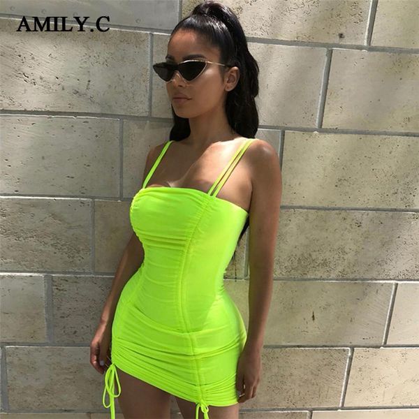 

casual dresses amily.c 2021 summer women's spaghetti straps pleated drawstring bodycon mini dress fashion club party vestidos, Black;gray