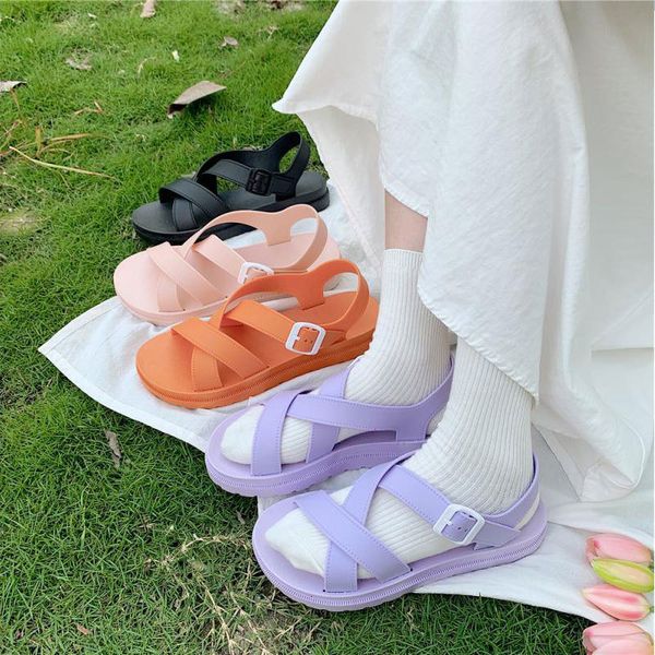 

2021 women jelly flat sandals gladiator buckle strap casual women's ladies beach summer new shoes pi9i, Black
