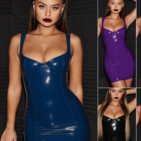 

women sissy dress latex faux leather bodycon party club dress solid sleeveless dress drop shipping, Black;gray
