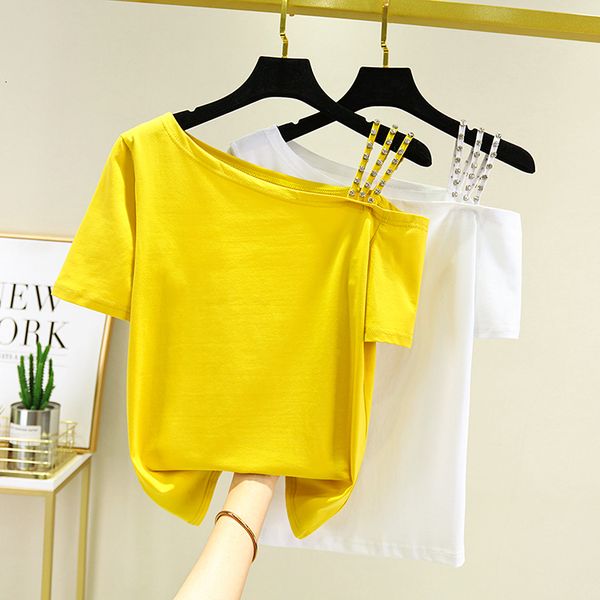 

2021 new korean style all-match off the shoulder thin shirt short sleeve diamond t-shirt m3jy, White