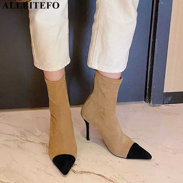 AllBiteBo tamanho grande: 33-43 flock sexy saltos altos festa mulheres botas fina saltos tornozelo botas para mulheres escritório senhoras sapatos 210611