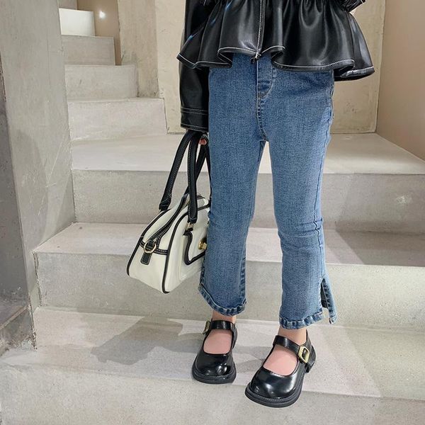 

trousers mila chou 2021 spring autumn girl side slit flared pants jeans children boot cut denim kids high elasticity, Blue