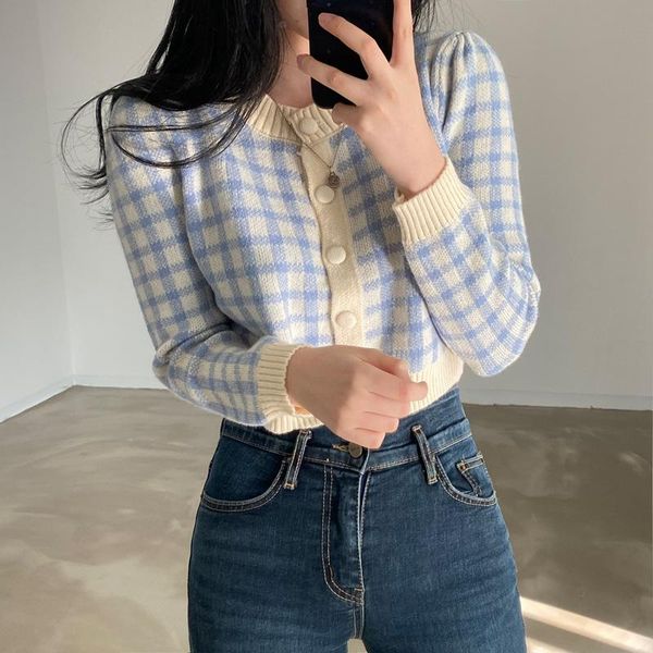 

women's knits & tees women spring autumn o-neck short plaid sweater cardigans korean style long sleeve knitted crop clothing, White