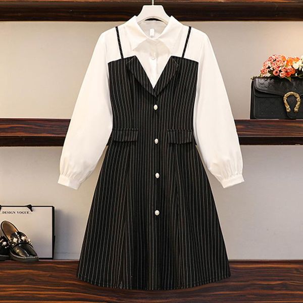 

casual dresses 5xl plus size women vintage stripe patchwork shirt dress autumn winter 2021 long sleeve button fake two a line, Black;gray
