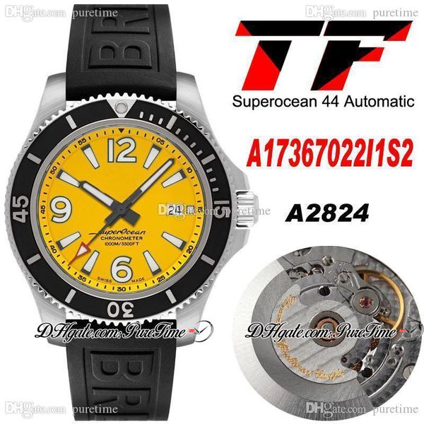 Tf superocean 44 ETA A2824 relógio automático dos homens A17367021i1s2 Amarelo Dial Stick Number Markers Black Rubber Strap Super Edition Watches Puretime B2