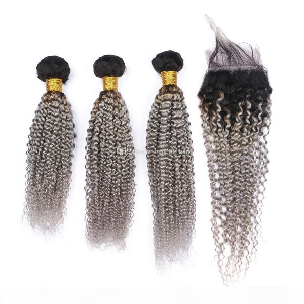 

ombre 1b grey curly hair bundles with lace closure two tone silver kinky curly hair weaves with lace closure 4pcs lot, Black;brown