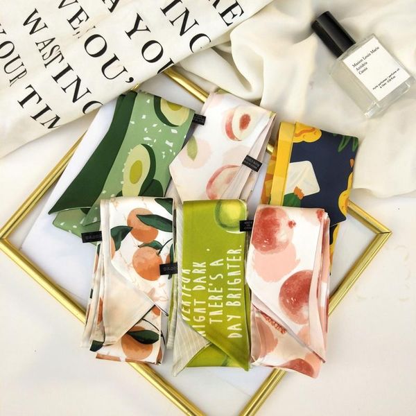 

scarves printed fruit fashion multi-function small silk scarf women's narrow neckerchief tie package belt hair band skinny, Blue;gray