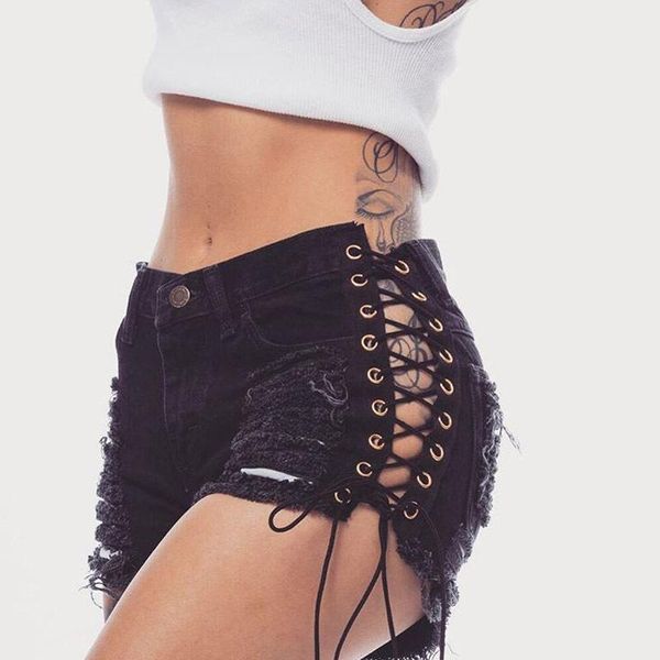 

women's shorts summer solid lacing women denim hole short feminino slim bandage jeans female ripped pants, White;black