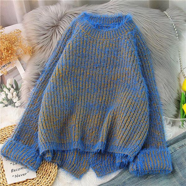 

women's sweaters ebaihui mohair sweater women solid blue o-neck pullover 2021 kpop jumper knitted harajuku split loose chic, White;black