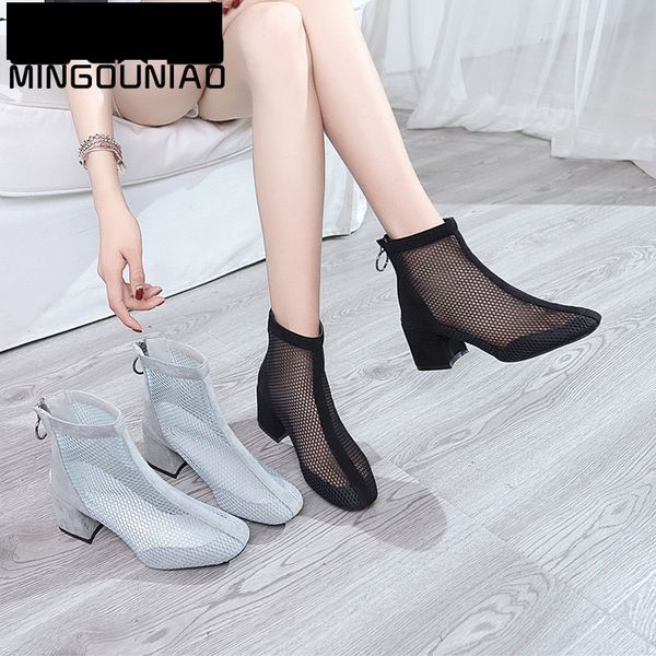

sandals boots woman high heeled summer summer shoes women sandals hollow mesh close toe thick heel back zipper black grey