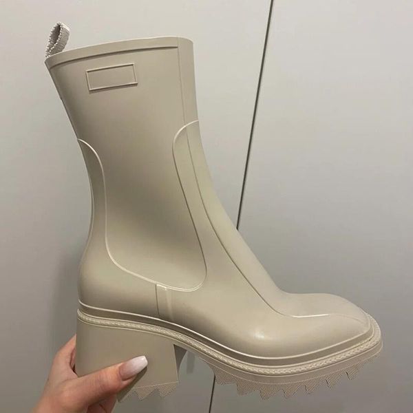 

luxury designer womens half boots shoes winter chunky med heels plain square toes shoe rainboots zip women mid calf booty wear resistant thi, Black