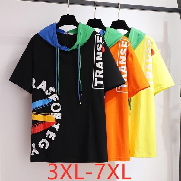 

new 2021 summer plus size for women hoodie large loose short sleeve print cotton t-shirt black yellow 3xl 4xl 5xl 6xl, White