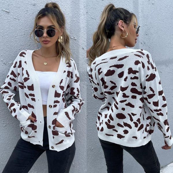 

women's knits & tees donsignet fashion sweater casual v-neck single-breasted leopard print pocket slim knit long-sleeved, White