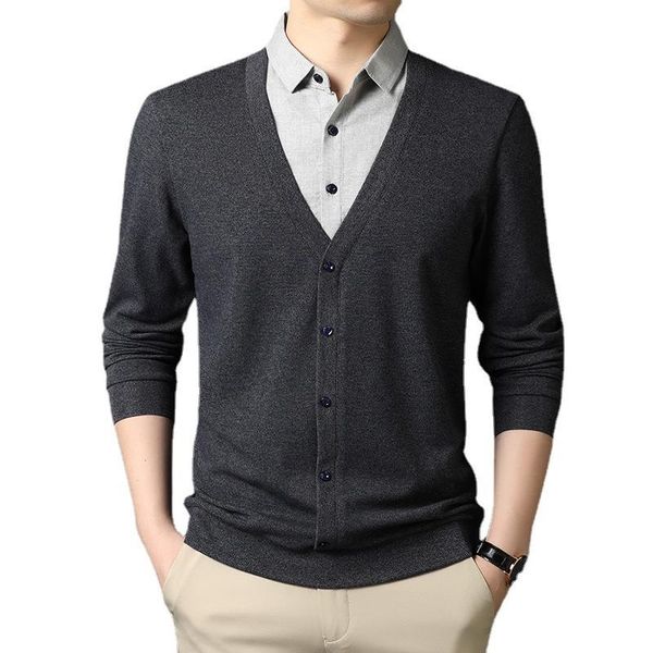 

sweater men fashion solid color shirt collar fake two pieces pull homme 2021 spring pullover sweaters business casual clothes, White;black