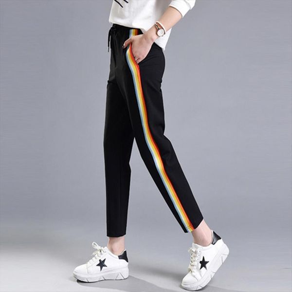 

autumn spring casual colorful womens capri rainbow side stripe  2xl loose elastic waist chic pockets summer, Black;white