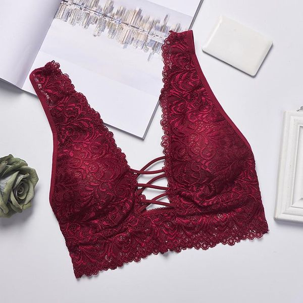 

1pc lace bralette camisoles tank women deep v back cross wireunderwear beauty back lingerie brassiere, Red;black