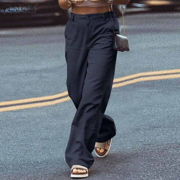 

women's pants & capris 2022 elegant women lady pocket elastic waist street trousers palazzo femme casual cotton pantalon straight leg, Black;white